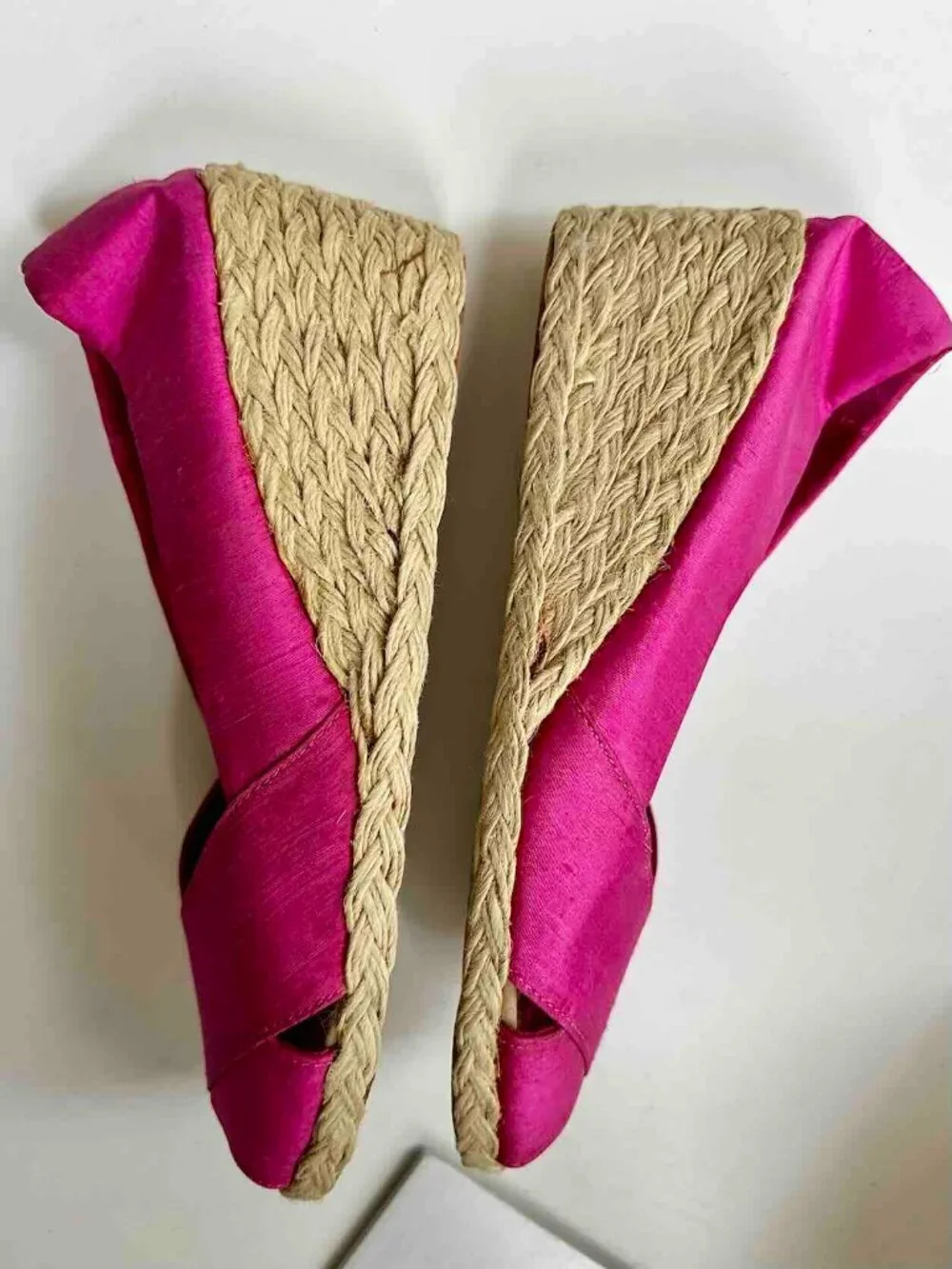 Unworn Ralph Lauren Espadrille Wedges Fuchsia HotPink 9B Satin Platform Sandals